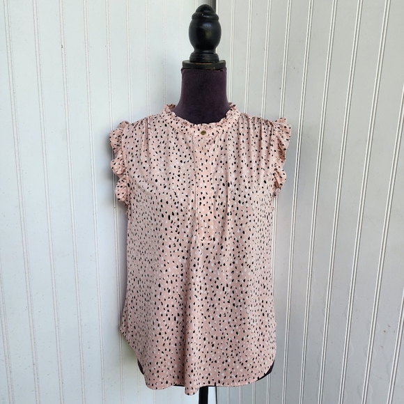 DKNY Womens Blouse Button Front Ruffle Trim Blush Pink Black White Petite PXL - Picture 1 of 11